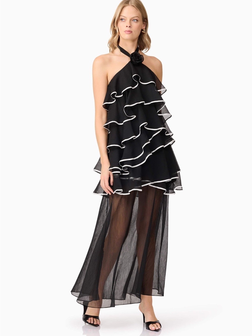 Elliatt Black Halter High-Low Ruffle Dress with White Trim